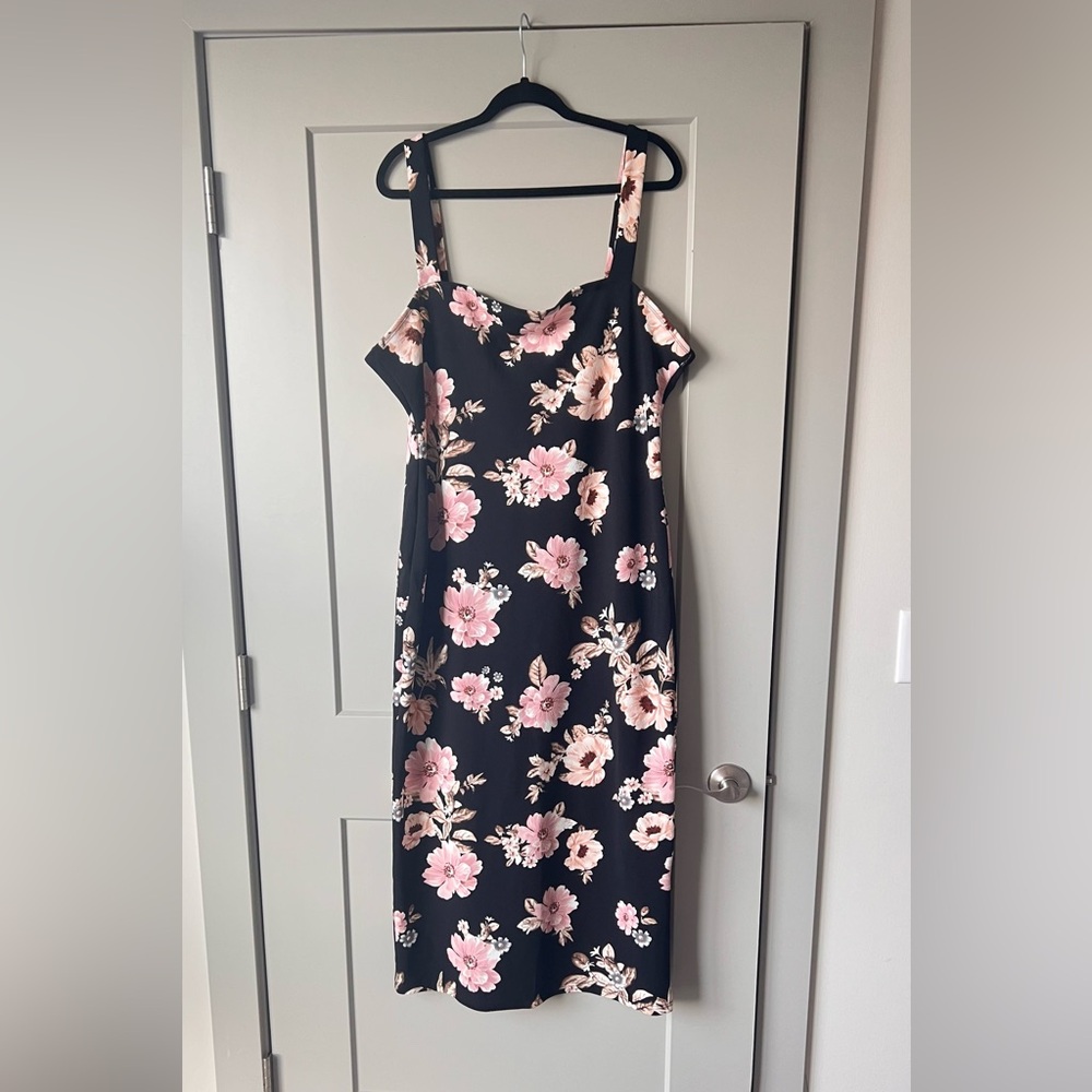 Black dress with pink flowers and back slit